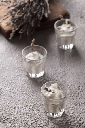 Yogurt in a glass. Lavender yogurt with Chia seeds.