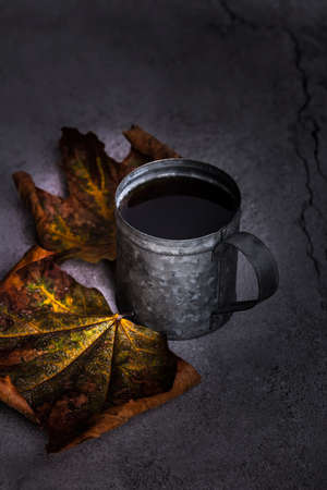Autumn tea. Tea in the autumn scene. Autumn leave.Dark moodの写真素材