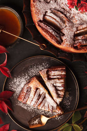 Autumn Apple pie. Homemade cakes on the background of grape leaves. Apple pie with cinnamon. Warm cake with powdered sugarの写真素材