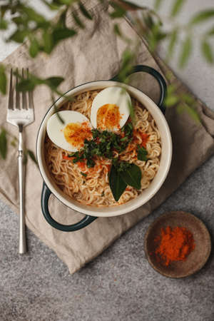 Chinese food. Noodles with egg and vegetables. Traditional Asian noodle dishの写真素材