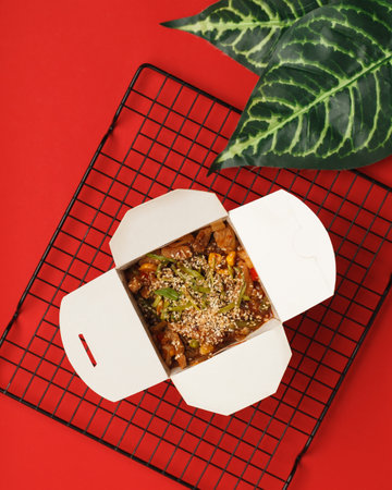 Asian cuisine. Wok. Noodles in a box.Traditional Chinese and Japanese cuisineの写真素材