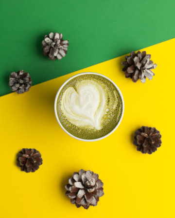 New year's coffee. Match with a drawing. Matcha new year's greenの写真素材