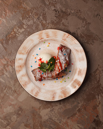 Viennese strudel with ice creamの写真素材