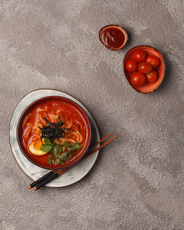 Asian cuisine. Asian soup with seafood. Traditional Chinese and Korean cuisineの写真素材
