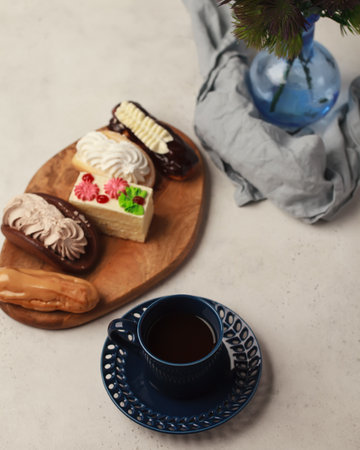 Cake on a bright background. Cake and cakes for tea or coffee. Bright new year images