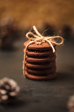 Christmas cookies with stars. A stack of cookies with a string.