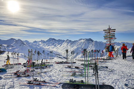Ischgl, Austria - December 31, 2017: Ski equipment laying in the snowのeditorial素材