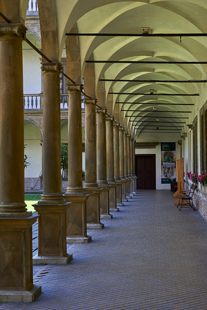BuÄovice, Czech Republic - June 10, 2018: Renaissance chateau BuÄovice was built it 1575â1585. Unique central courtyard has 96 columns with rich decoration. Every column has an unique decoration in Roman, Ionic or Corinthian style.のeditorial素材