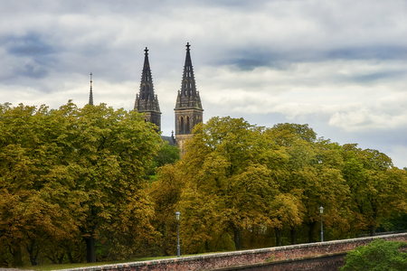 Panorama of Prague with its houses and landmarks before stormのeditorial素材