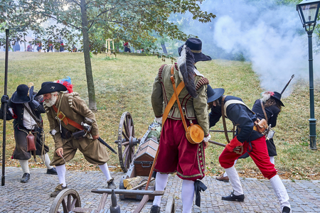 Brno, Czech Republic - August 18, 2018: Historical reenactment Day of Brno. Actors in historical...