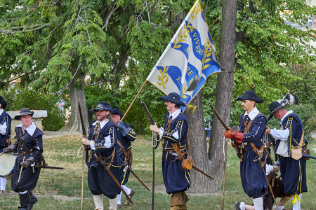 Brno, Czech Republic - August 18, 2018: Historical reenactment Day of Brno. Actors in historical Infantry attack Spielberg castleのeditorial素材