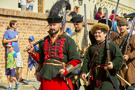 Brno, Czech Republic - August 18, 2018: Historical reenactment Day of Brno. Infantrymen in...