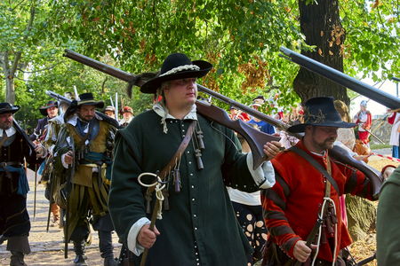 Brno, Czech Republic - August 18, 2018: Historical reenactment Day of Brno. Infantrymen in historical costumesのeditorial素材