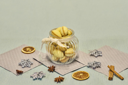 Walnut shaped butter cookies and christmas decorの写真素材