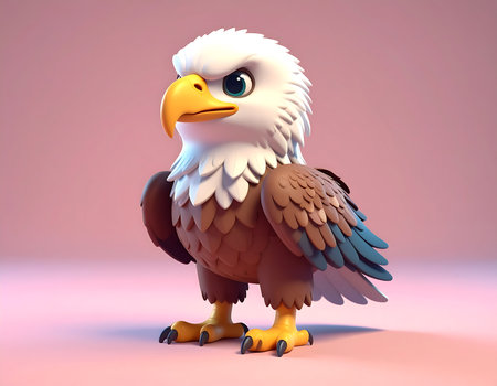 This charming eagle stands proudly, featuring detailed textures and vibrant colors that give it a lively appearance. Its playful expression and fluffed feathers create a delightful character.の素材