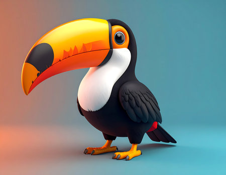 A delightful toucan character with vivid textures stands against a gradient background. Its playful design features bright colors and a cheerful expression, capturing attention easily.の素材