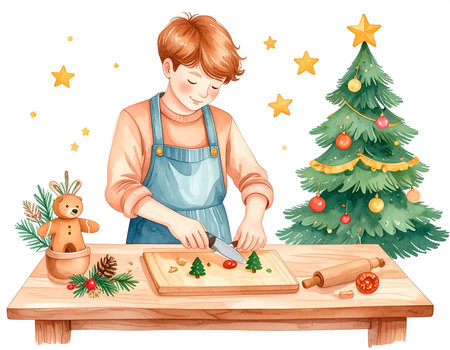 Colorful Kawaii style illustration of a carpenter happily crafting wooden toys in a festive setting. Christmas decorations and a tree surround the cheerful scene, enhancing the holiday spirit.の素材