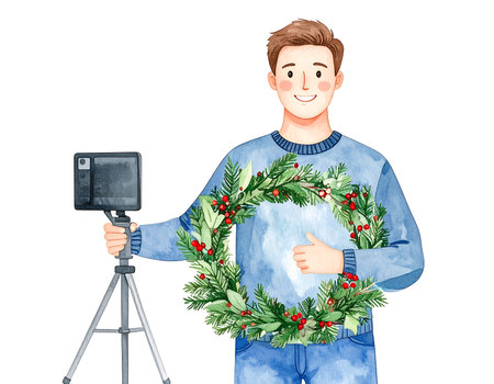 A cheerful influencer stands in a cozy winter location, holding a festive greenery wreath while preparing for a Christmas-themed photoshoot. The scene captures the joy of the holiday season.の素材