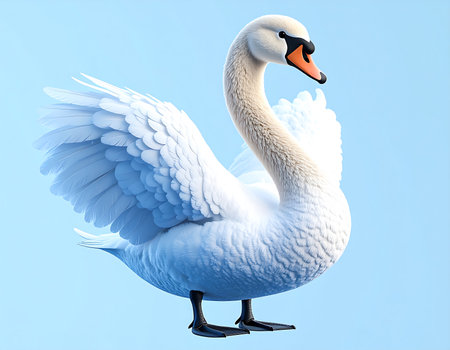 A graceful swan stands proudly, its wings elegantly spread, showcasing its pristine white feathers. The backdrop of a clear blue sky enhances the beauty of this tranquil moment in nature.の素材