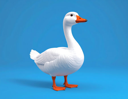 A lively white goose stands proudly with its bright orange beak and legs, showcasing a lighthearted expression. The backdrop features a stunning blue hue, highlighting the goose's playful nature.の素材