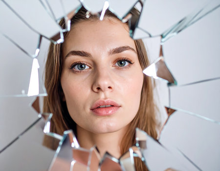 A person gazes deeply into a shimmering piece of broken glass, their expression hinting at contemplation and emotion. The soft lighting enhances the fractured beauty of the reflective shards.の素材