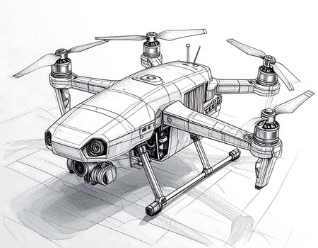 A clean, minimalist line art drawing features an elegant drone designed for delivery tasks. It hovers in an urban environment, representing advanced technology and efficiency in modern logistics.の素材