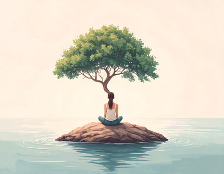 Nestled on a small island surrounded by calm waters, a solitary figure sits peacefully, meditating beneath the shade of a single tree. The atmosphere radiates tranquility and introspection.の素材