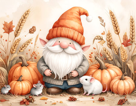 An adorable tiny gnome with fluffy white beard and orange hat stands cheerfully among pumpkins and autumn foliage.の素材