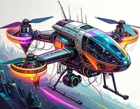 Set in a futuristic cityscape, a hyper stylized drone hovers, illuminated by radiant neon lights.の素材