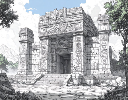 Set against a backdrop of soaring mountains, a giant stone temple reveals detailed carvings of various crypto symbols. Sunlight filters through the clouds, illuminating its grandeur.の素材