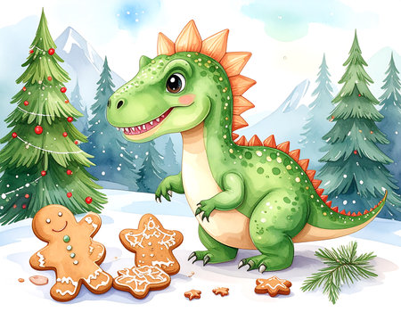 A cheerful Allosaurus is engaged in decorating adorable gingerbread cookies shaped like charming Christmas dinosaurs. The festive atmosphere is enhanced by a snowy landscape and festive trees.の素材