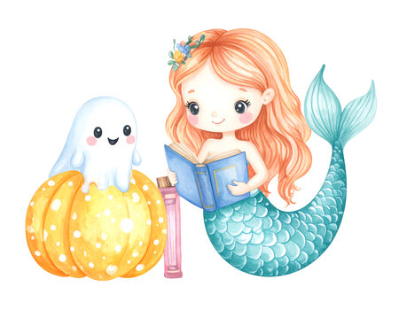 In a vibrant underwater library, a kawaii mermaid librarian joyfully organizes spellbooks with the help of a tiny, friendly ghost.の素材