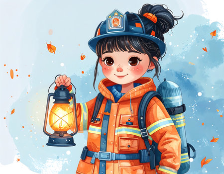 A cheerful firefighter holds a small glowing pumpkin while adorned in a vibrant uniform. Autumn leaves dance around, creating a magical atmosphere as she shines her lantern, embracing the cozy season.の素材