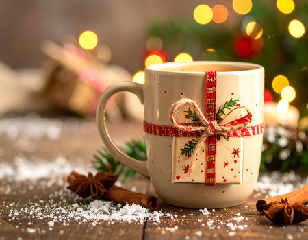 A beautifully designed coffee mug, resembling a wrapped Christmas present, emits a warm glow amidst a festive atmosphere. Surrounded by cinnamon sticks and snow, it evokes cozy holiday cheer.の素材