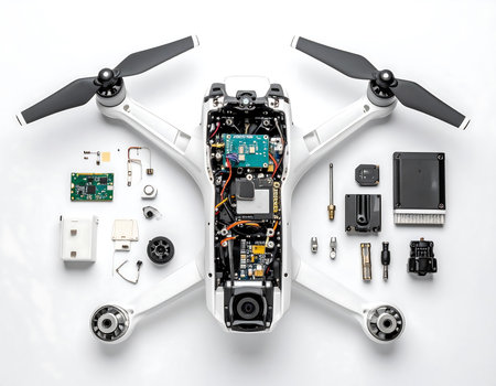 In a tidy layout, the parts of a drone are carefully arranged on a white surface.の素材