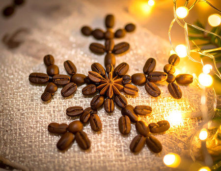 Close up view of carefully arranged coffee beans shaped like a snowflake, surrounded by glowing warm lights.の素材