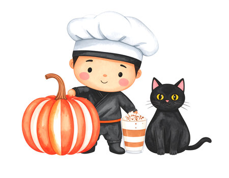 In a cozy kitchen setting, a kawaii ninja chef prepares a delicious pumpkin spice latte while a cute black cat curiously watches. The autumn vibe brings warmth and charm to the scene.の素材