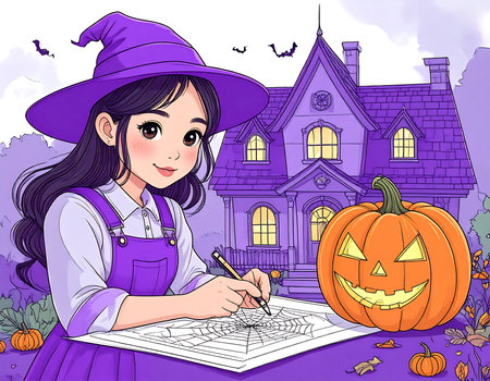In a cheerful Kawaii style, an enthusiastic engineer sketches a spooky haunted house design inside a pumpkin.の素材