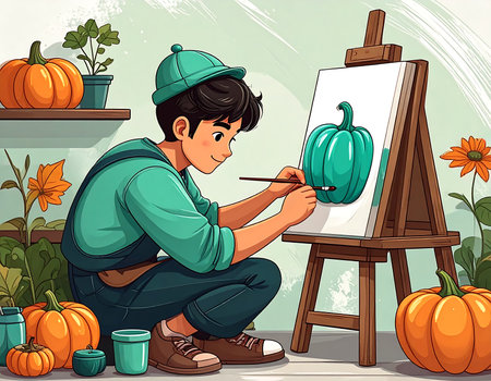 In a vibrant, cozy studio filled with pumpkins and flowers, an artist kneels on the ground, focused on painting a single teal pumpkin on a canvas. Their attire reflects a playful autumn spirit.の素材