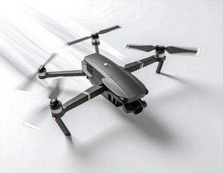 A sleek racing drone zips through the air, displaying remarkable agility as it navigates an indoor environment. Propellers blur from speed while it captures the thrill of flight.の素材