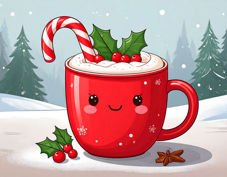 A red Christmas mug filled with frothy coffee and topped with whipped cream, adorned with candy canes and holly. The snowy forest backdrop creates a cozy holiday atmosphere, perfect for winter.の素材