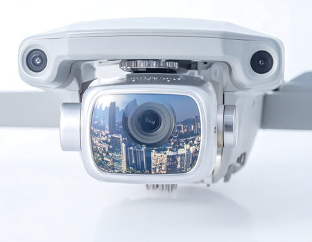An intricate view captures a drone's camera featuring a reflective lens showcasing a blurred city silhouette. The urban landscape glimmers, hinting at the vibrant life below as twilight settles.の素材
