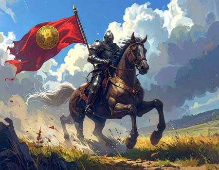 A majestic armored knight gallops on a powerful horse, waving a bright flag against a backdrop of dramatic clouds. His stance embodies valor and determination, set in an expansive and colorful meadow.の素材