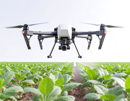 A cutting-edge agricultural drone hovers low over vibrant rows of healthy plants, enhancing precision farming. The sun illuminates the landscape, showcasing innovation in sustainable agriculture.の素材