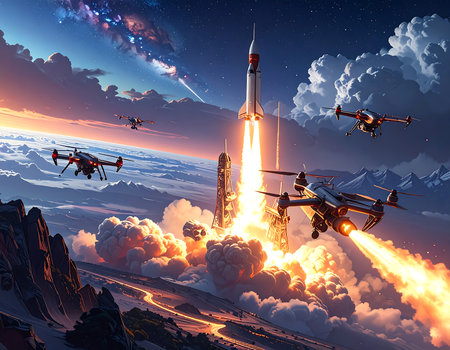 Glowing drones escort a powerful rocket during its liftoff beneath a blanket of stars. The dramatic blast of engines lights up the night, painting the rugged landscape in brilliance.の素材