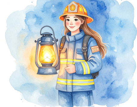 A cheerful firefighter stands in a fantastical landscape, holding a small, glowing pumpkin that radiates warmth. The Kawaii style brings a touch of magic to this lively moment at twilight.の素材