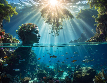 A human mind manifests as a serene lake, crystal clear and surrounded by vibrant flora. Light rays cascade through the trees, illuminating an aquatic dance of colorful fish below.の素材