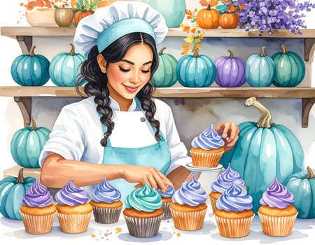 In a delightful kitchen adorned with teal and lavender pumpkins, a joyful chef skillfully decorates vibrant cupcakes. The whimsical atmosphere captures the essence of creativity and baking joy.の素材