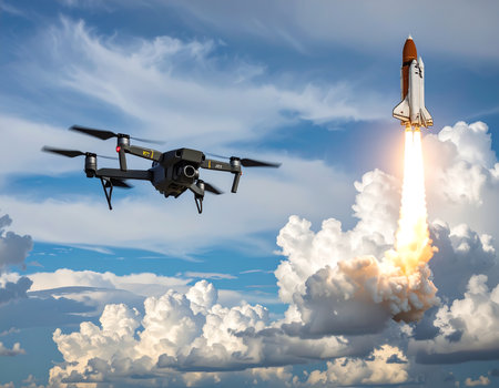 A stunning view captures a drone pursuing a rocket as it ascends into the sky. Dramatic clouds surround both vehicles, creating an exhilarating contrast at dusk.の素材