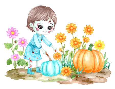In a vibrant garden, a kawaii zombie gardener delicately tends to a patch of glowing flowers and colorful pumpkins.の素材